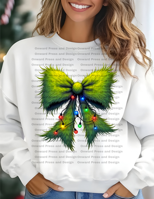 Green Fur Bow with Christmas Lights