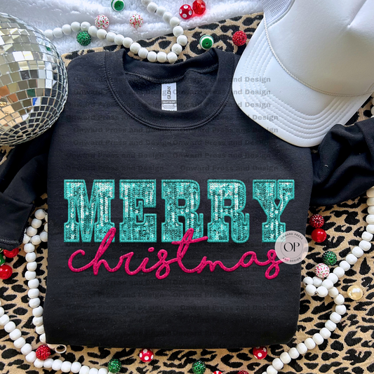 Merry Christmas Faux Aqua Sequin
