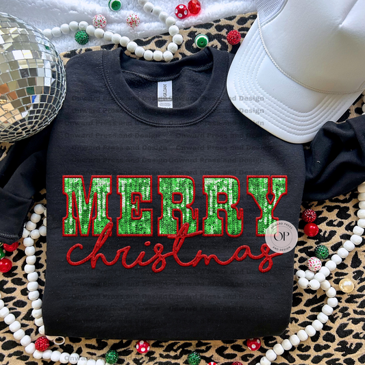 Merry Christmas Faux Green Sequin