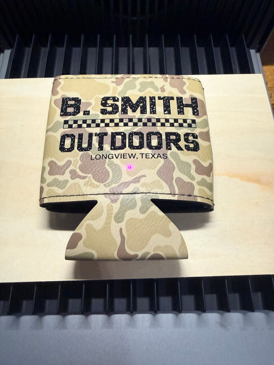 B Smith Outdoors Leather engraved can koozies